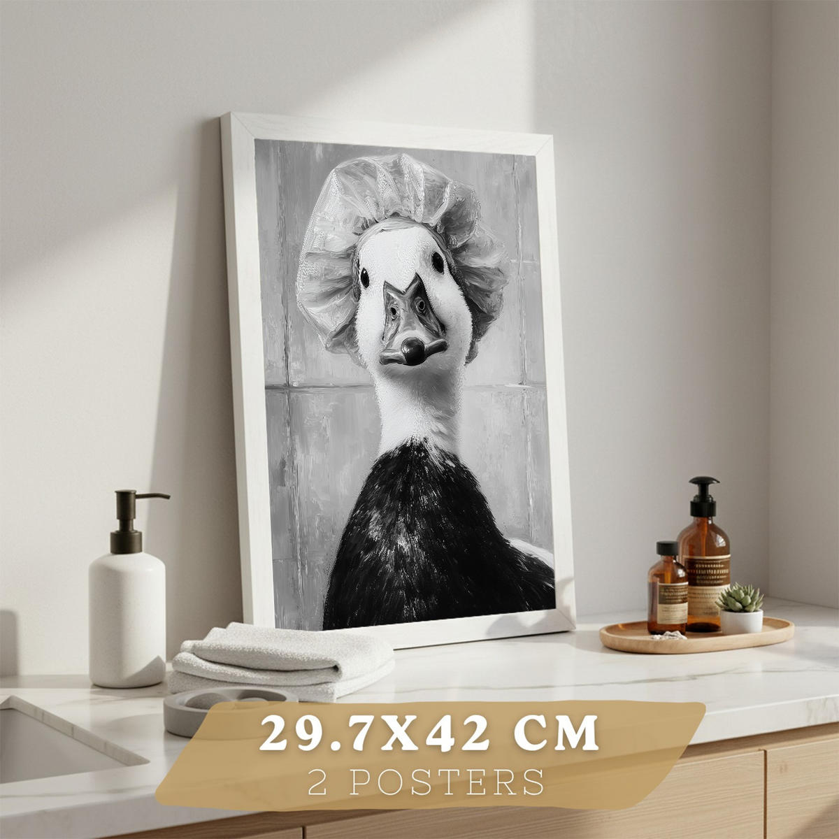 PLAKÁT Sada 2 zábavných černobílých potisků zvířat do koupelny, vtipný PLAKÁT na toaletu, koupelnu, umyvadlo, moderní minimalistický styl Bílý rám A3 - bílá, papír (42/29.7/3cm) - Nacnic