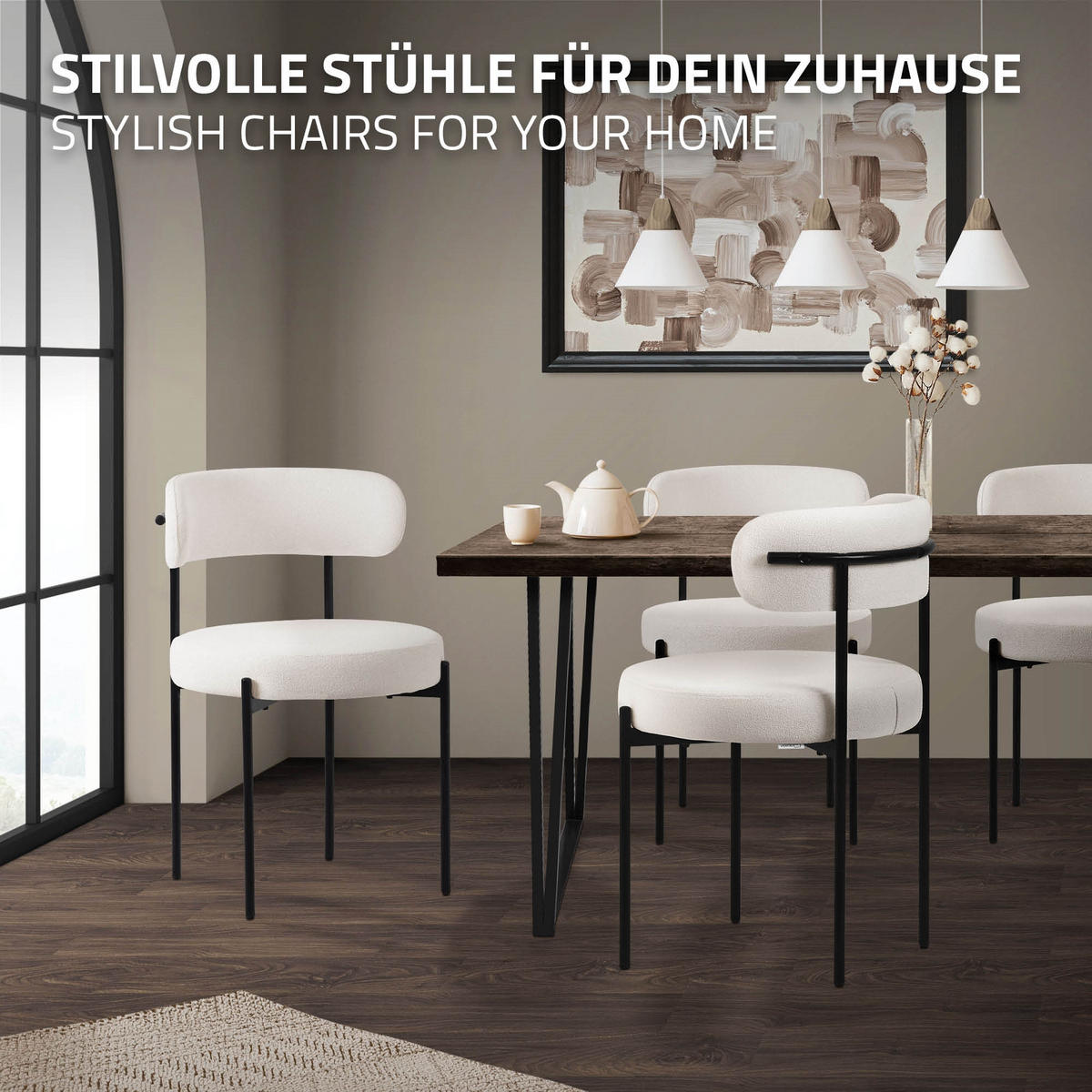 ESSZIMMERSTÜHLE 4ER-SET Weiß Teddystoff - Schwarz/Weiß, Metall (53/78/50cm) - ML-DESIGN