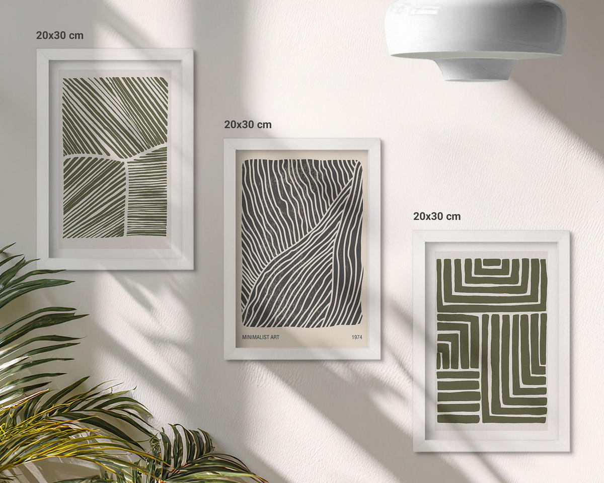 WANDBILDER 3er-Set - 20x30 cm Weißer Rahmen - Muster Linien Formen grün - Weiß, Kunststoff (20/30cm) - ArtPrintCave