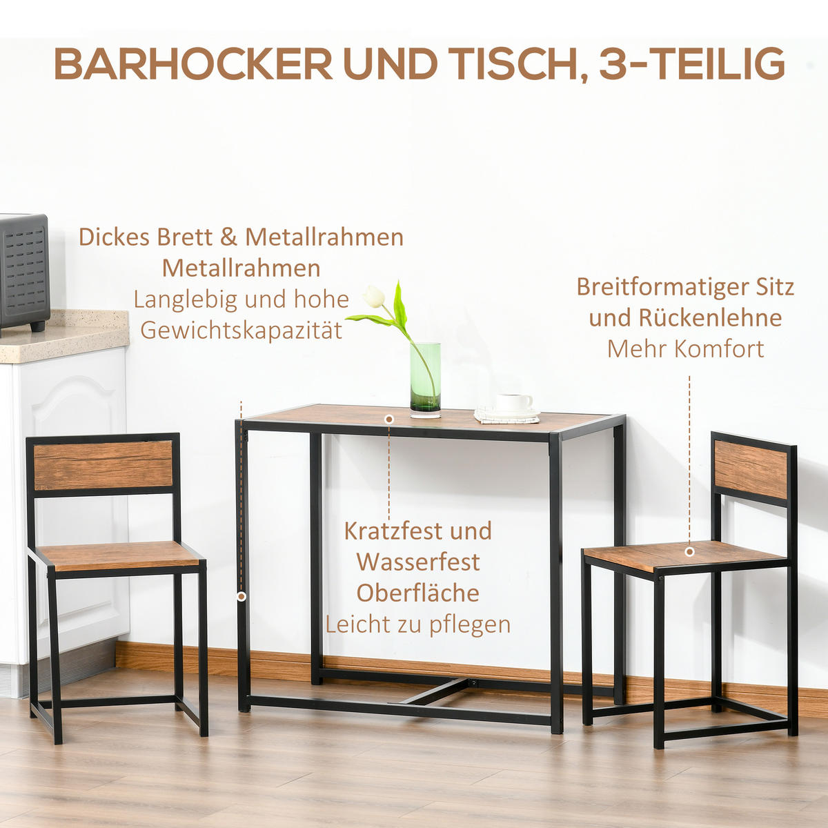 3-TLG. Essgruppe, Küchentisch, Esstisch mit 2 Stühlen, Esstisch Set für Küche - Naturfarben, Kunststoff (47/76/90cm) - HOMCOM