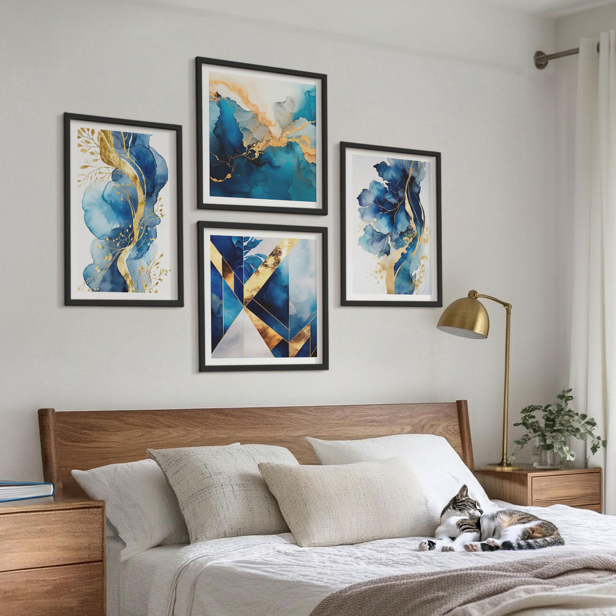 BILDER SET 4er Set - 50x50 cm & 40x60 cm Schwarzer Rahmen - Blaue abstrakte Muster - Schwarz, Kunststoff (50/50cm) - TULUP