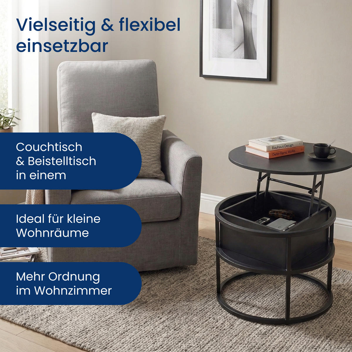 COUCHTISCH mit Klappdeckel in Schwarz - Schwarz, Metall (60/60/48cm) - Home Collective