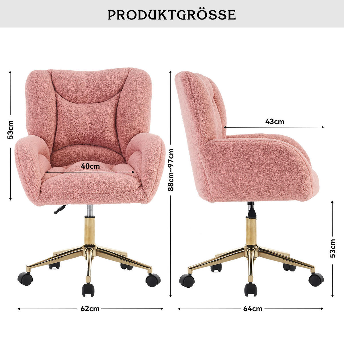 DREHSTUHL höhenverstellbar 64 x 62 x 92,5 cm Teddy Pink - Pink, Kunststoff (62/92.5/64cm) - Meubliv
