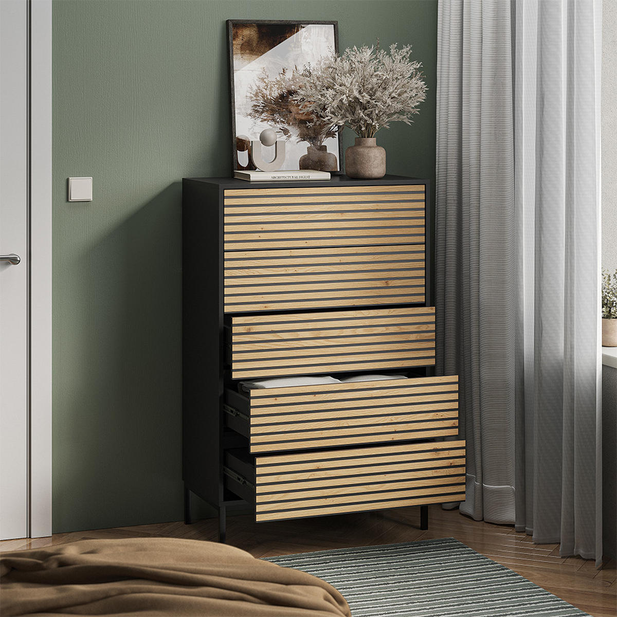 KOMMODE Eliza Schwarz/Eiche 76 x 120 cm mit 5 Schubladen - Honigeiche/Anthrazit, Holzwerkstoff (76/120/40cm) - Vicco