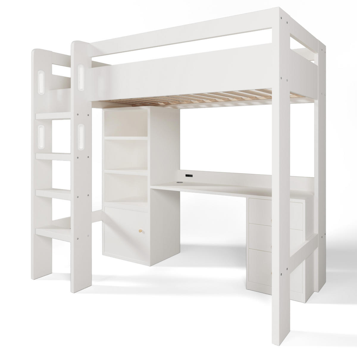 HOCHBETT mit Schreibtisch 90/200 cm in Weiß – mit Stauraum, Treppe und Lattenrost - Weiß, Holzwerkstoff (90/200cm) - BEAOK