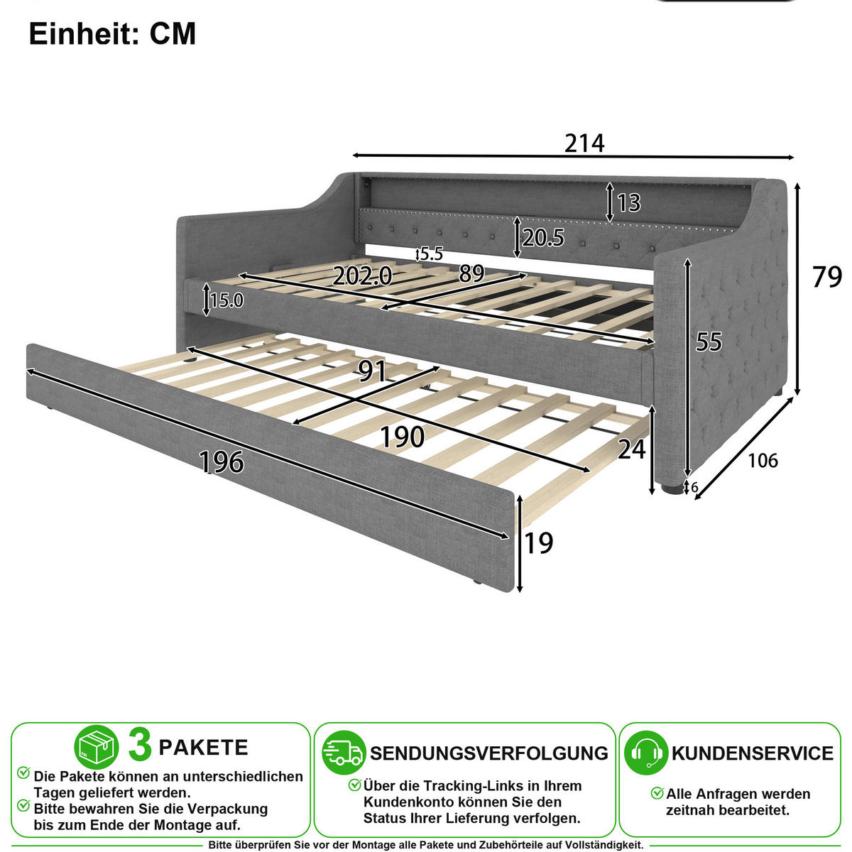 SCHLAFSOFA 90/200 cm & 90/190 cm in Grau mit Ausziehbett, LED und USB - Grau, Holzwerkstoff/Textil (90/200cm) - CHICFURN