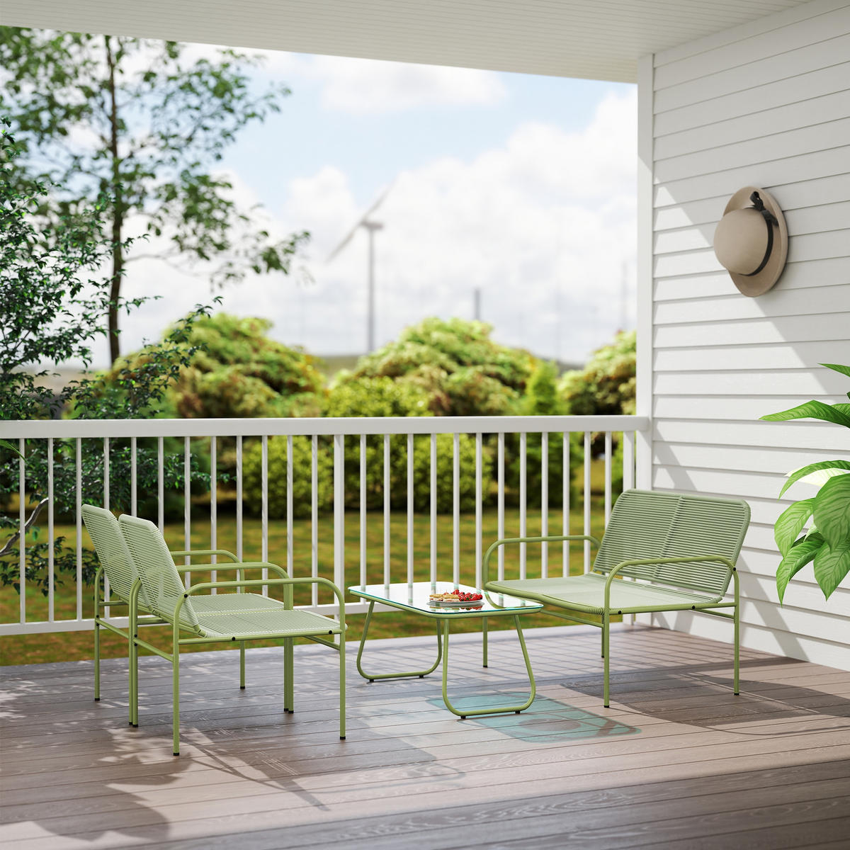 GARTENLOUNGE 4tlg DE-13634 Polyrattan mit Glastisch Grün - Grün, Metall - ComfortXL