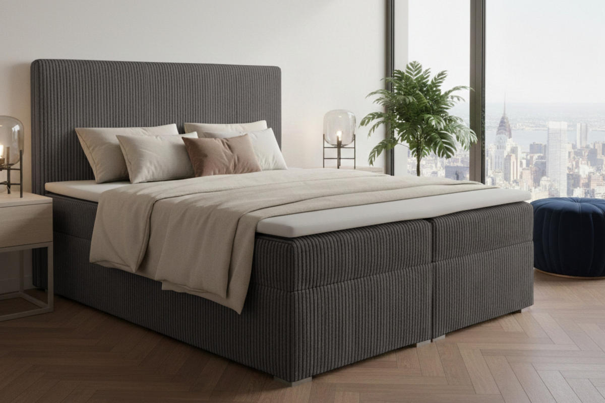 BOXBETT LOFT IV 180/200 Cord Anthrazit mit Taschen-Federkernmatratzen 7 Zonen H4 - Anthrazit, Holz/Holzwerkstoff (180/200cm) - Deine Möbel 24