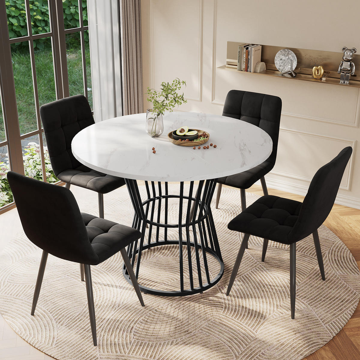 ESSTISCHSET 5-Teilig Mit 4 Stühlen, Rund 100 Cm, Weiß, Schwarz Samt - Schwarz, Holzwerkstoff (100/75/100cm) - FLIEKS