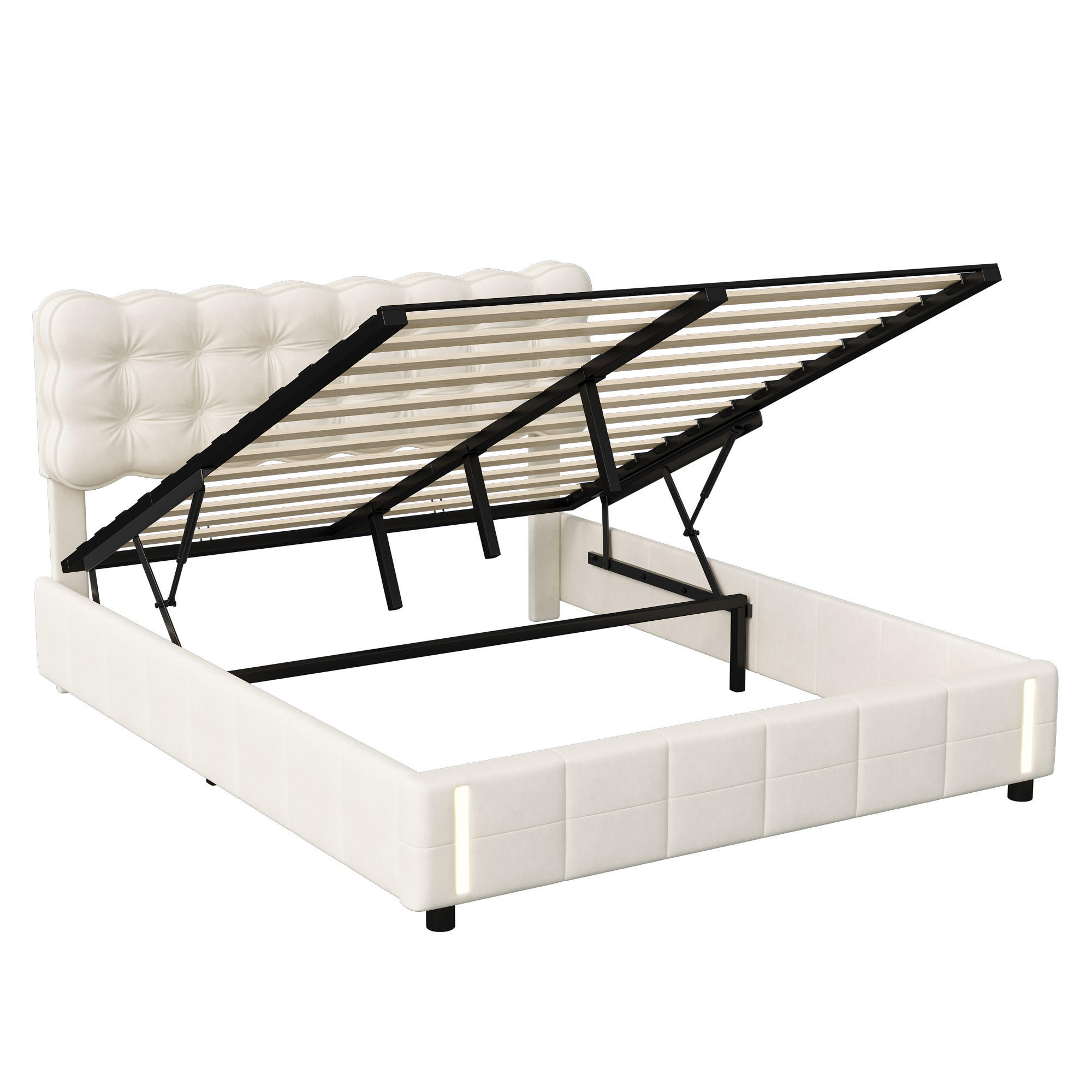 POLSTERBETT 140/190 cm Beige mit Bettkasten, Hydraulischer Stauraum, LED-Sensorlicht, gepolstertes Kopfteil - Weiß, Metall (140/190cm) - EuroLiving