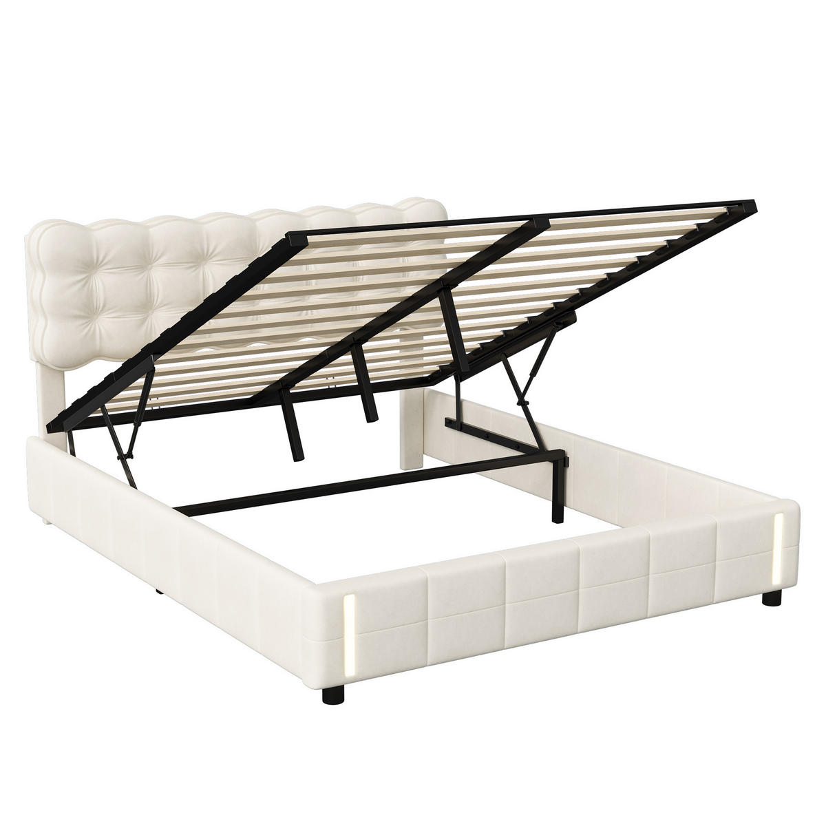 POLSTERBETT 140/190 cm Beige mit Bettkasten, Hydraulischer Stauraum, LED-Sensorlicht, gepolstertes Kopfteil - Weiß, Metall (140/190cm) - EuroLiving