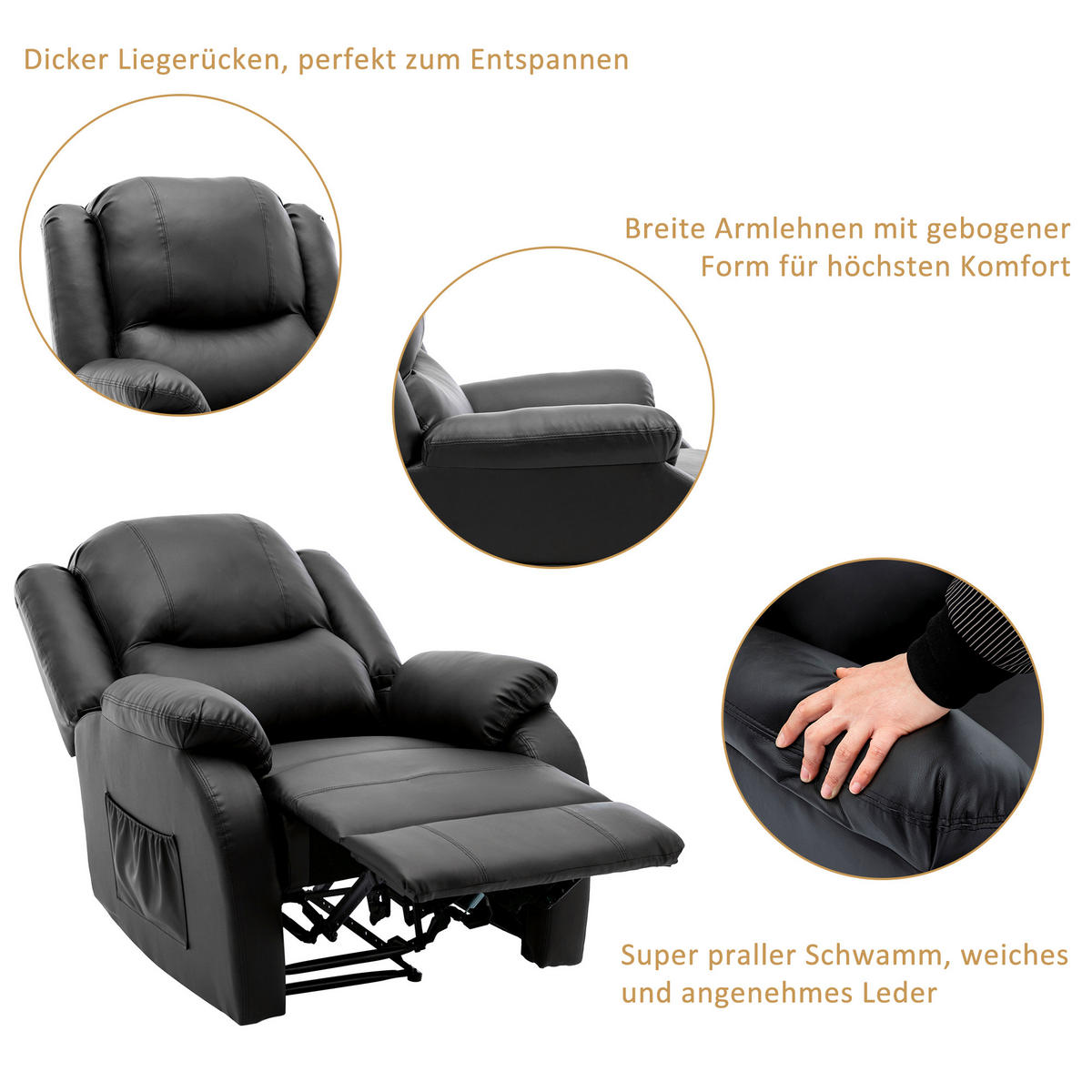 RELAXSESSEL mit Liegefunktion PU Leder Seitentasche 80/90/100 cm - Schwarz, Textil (80/100/90cm) - EVRYAE
