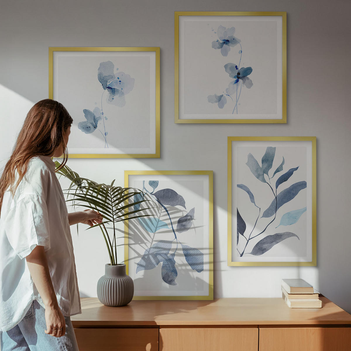 WANDBILDER 4er Set - 50x50 cm & 40x60 cm Goldrahmen - Aquarell von blauen Blättern - Goldfarben, Kunststoff (50/50cm) - ArtPrintCave