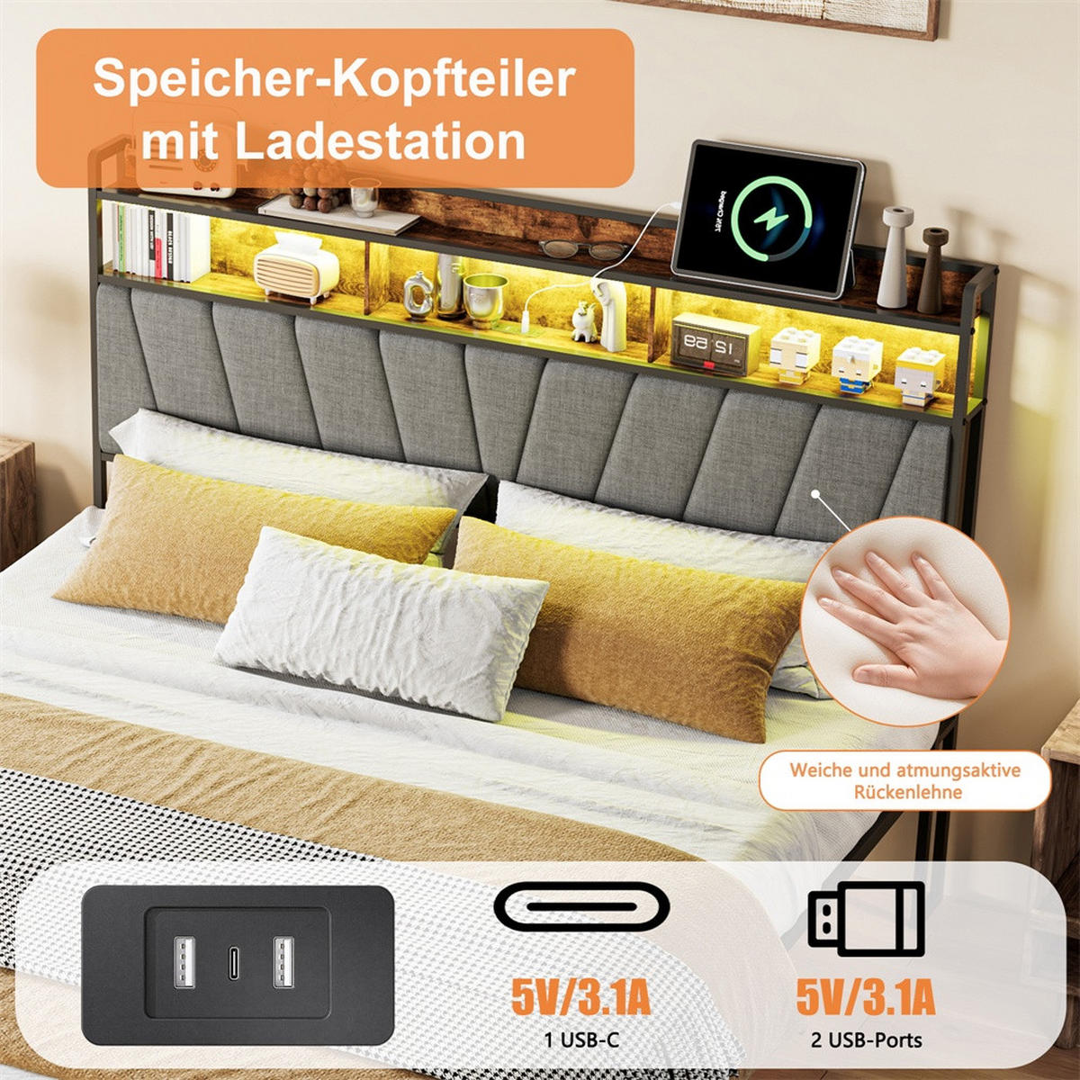 METALLBETT 140x200 cm mit LED Beleuchtung - Kopfteil-Stauraum - USB- und USB-C - Schwarz+Grau - ohne Matratze - Schwarz, Metall (140/200cm) - DELFA