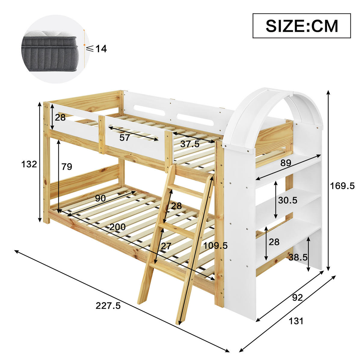 ETAGENBETT 90/200 cm Weiß+Natur mit dreistufigem Regal und sicherem Bettgitter aus Kiefer und MDF - Naturfarben, Holzwerkstoff (90/200cm) - OKWISH
