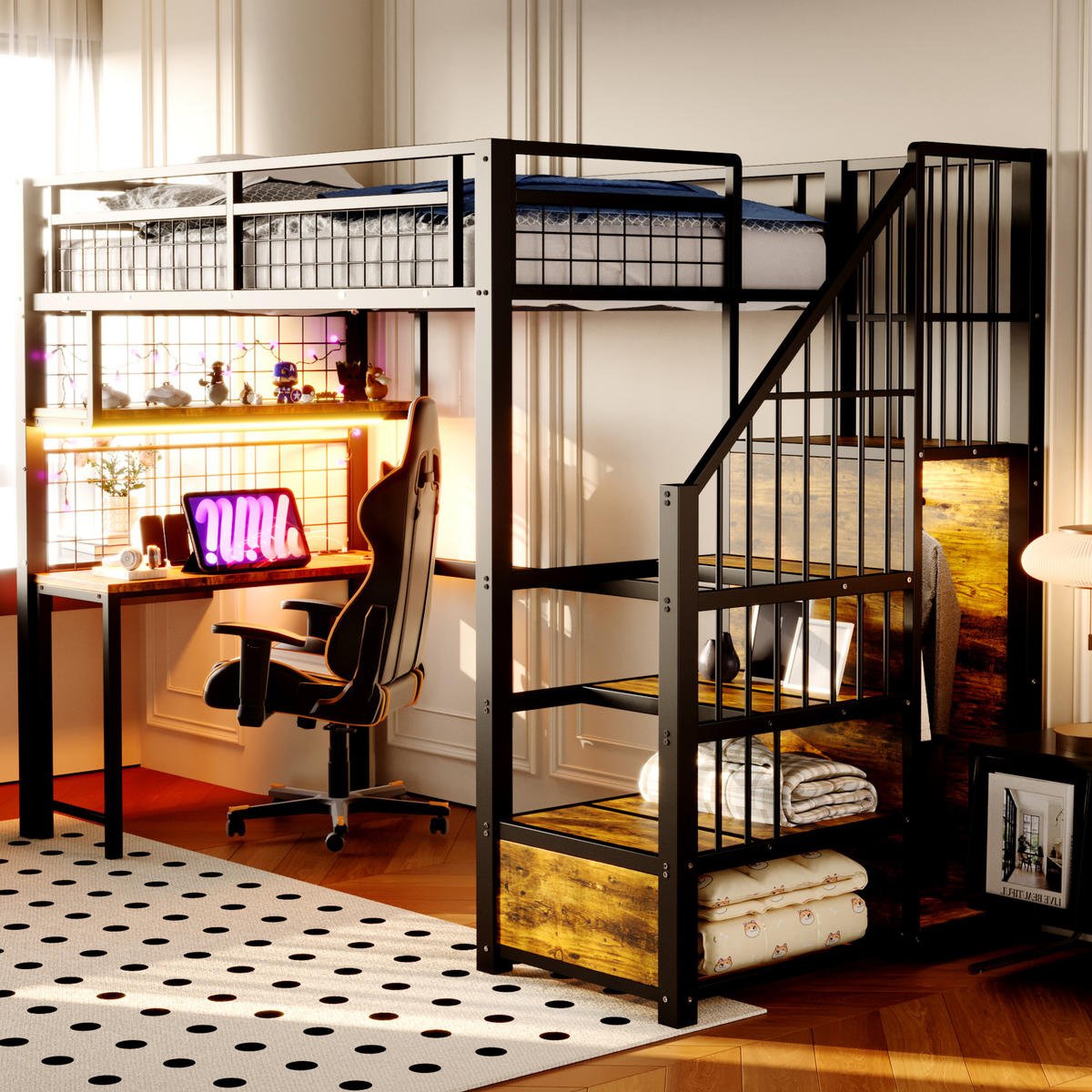 HOCHBETT 90/200 cm DE-01491, in Schwarz, mit Lichtleiste, Steckdose, Stauraumleiter und Schreibtisch - Schwarz, Metall (90/200cm) - ComfortXL