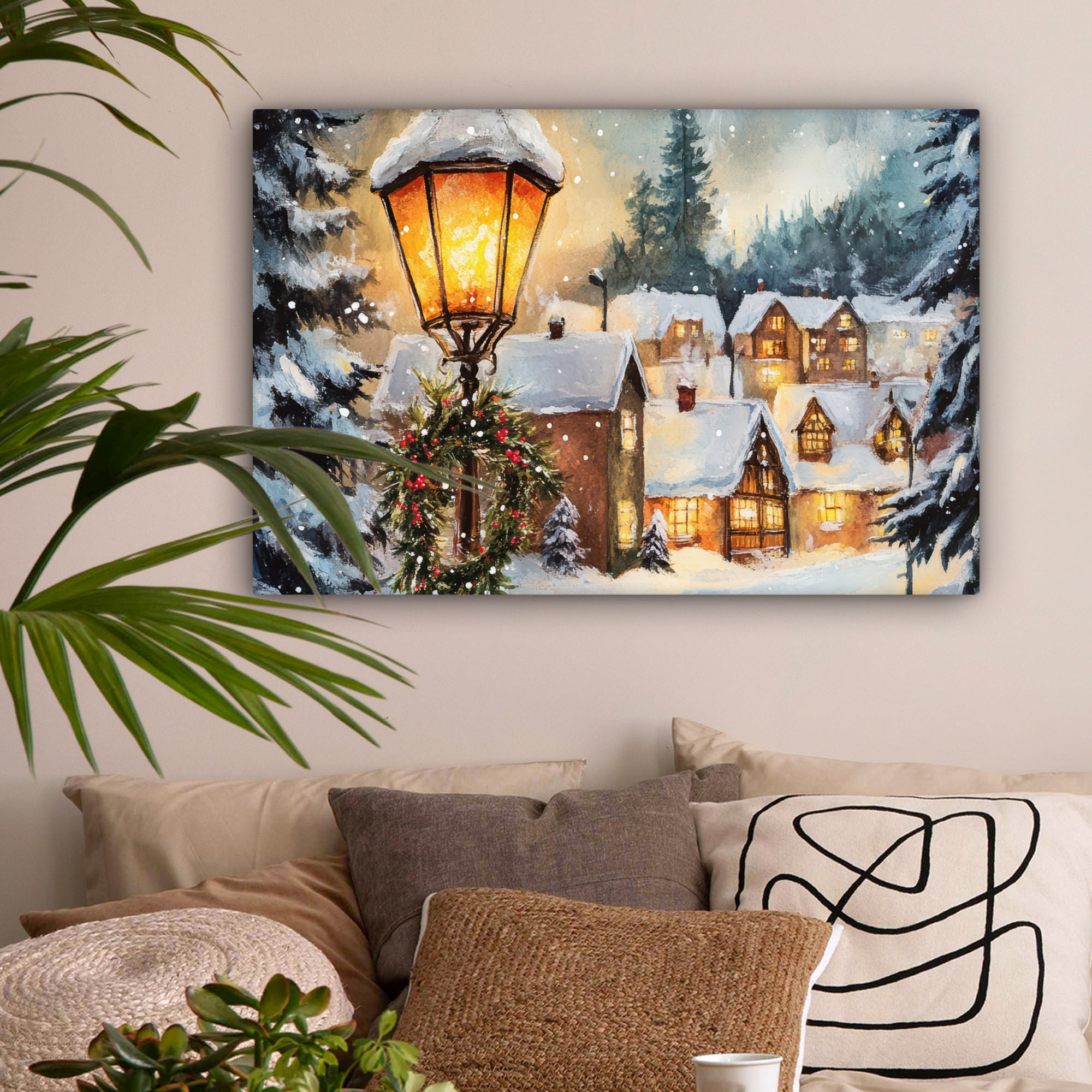 LEINWANDBILD Weihnachtsdorf - Häuser - Schnee - Weihnachten Wanddeko 90x60 cm - Sandfarben, Textil (90/60cm) - MuchoWow