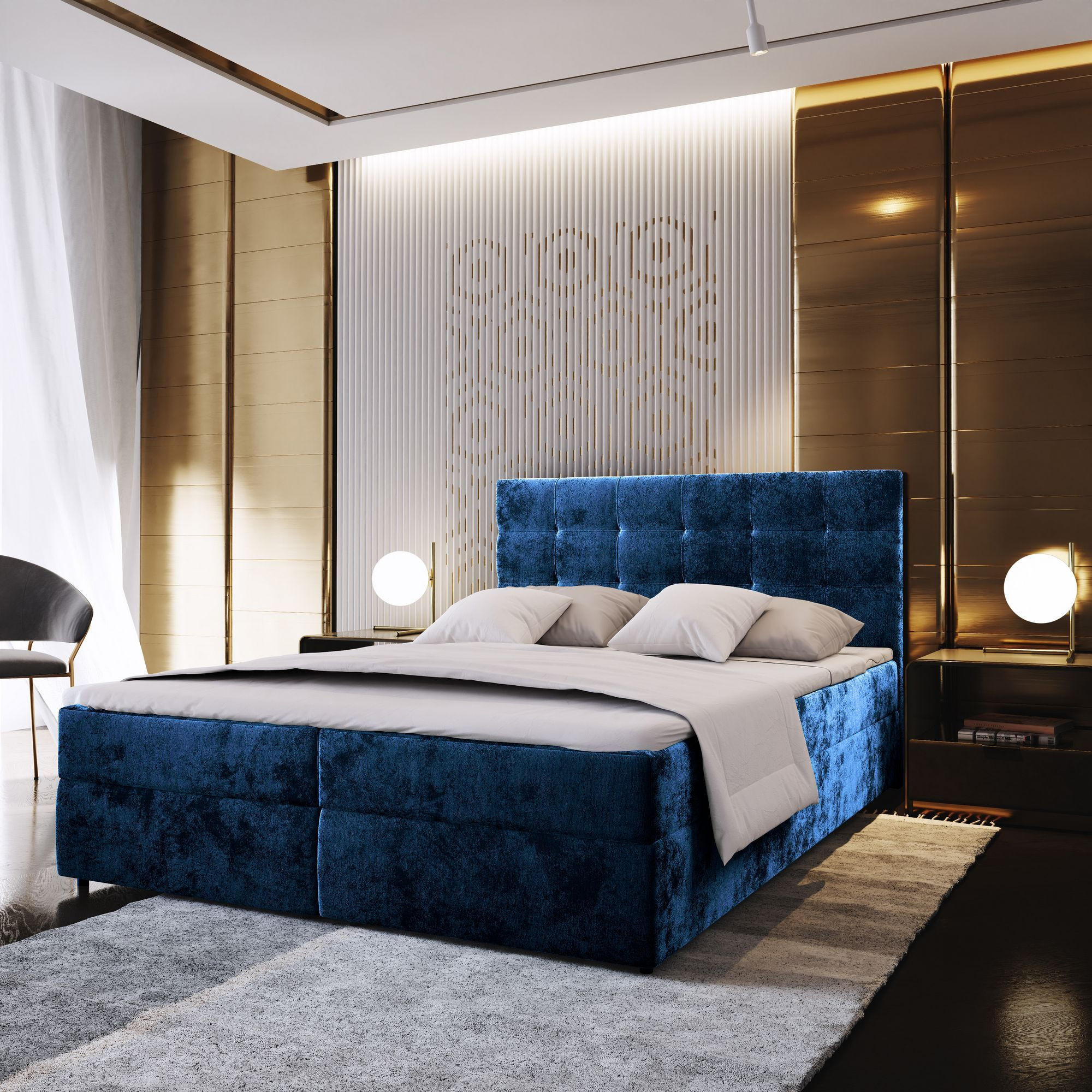 BOXBETT GLOS K 180x200 cm mit Matratze und Topper - Blau - Blau, Holz (180/200cm) - MASSENO
