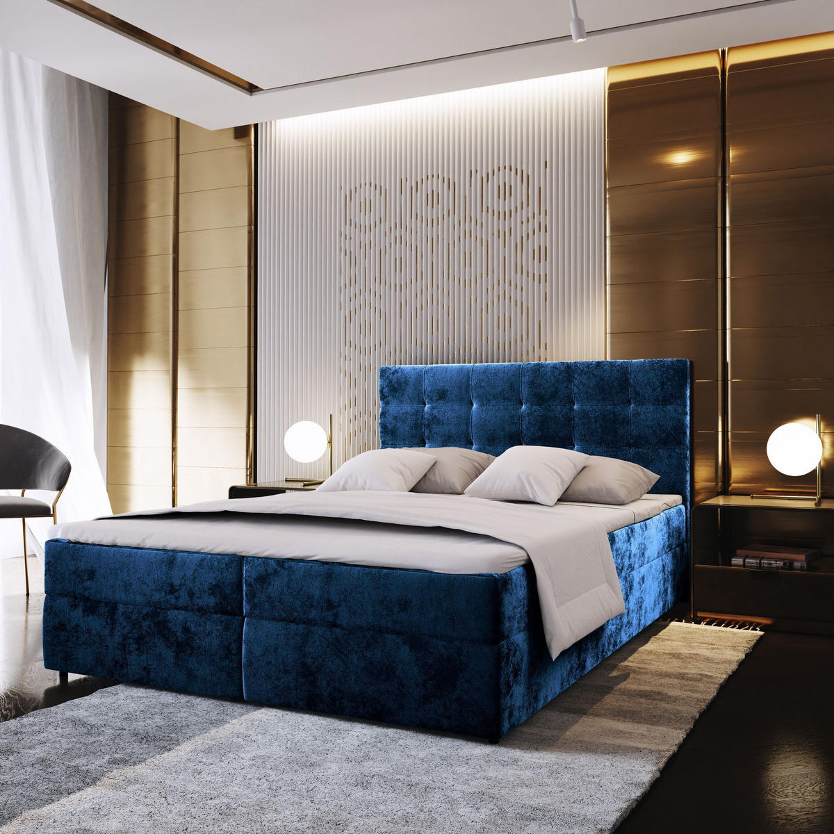 BOXBETT GLOS K 180x200 cm mit Matratze und Topper - Blau - Blau, Holz (180/200cm) - MASSENO