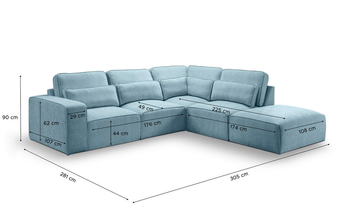 ECKSOFA hellblau Webstoff, Sofa 305 x 281 cm, L-Sofa rechts - Hellblau/Grau, Holz/Textil (305/281cm) - Inn.Furn