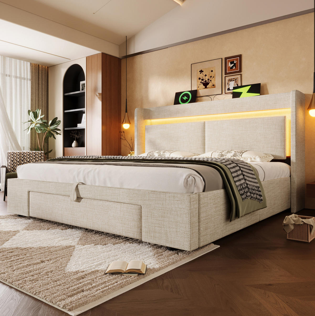 POLSTERBETT mit Stauraum 180x200 cm Beige Leinen USB und LED - Beige, Metall (180/200cm) - Meubliv