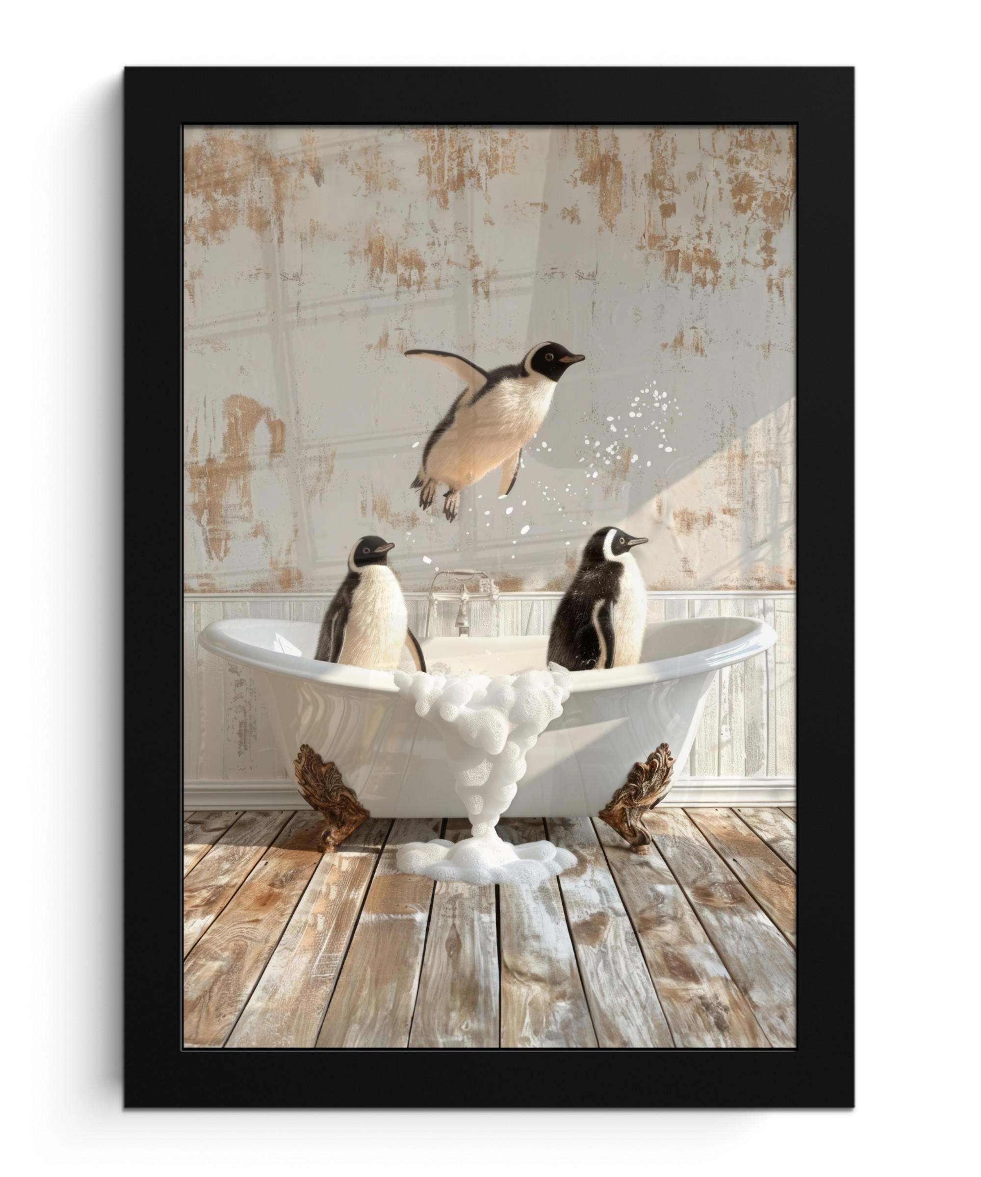 GERAHMTES BILD Vintage - Pinguin - Badewanne - Schaumstoff 20x30 cm - Schwarz, Papier (20/30cm) - MuchoWow