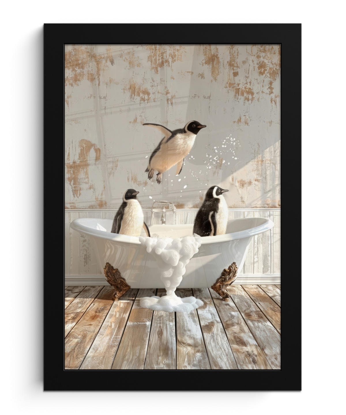 GERAHMTES BILD Vintage - Pinguin - Badewanne - Schaumstoff 20x30 cm - Schwarz, Papier (20/30cm) - MuchoWow