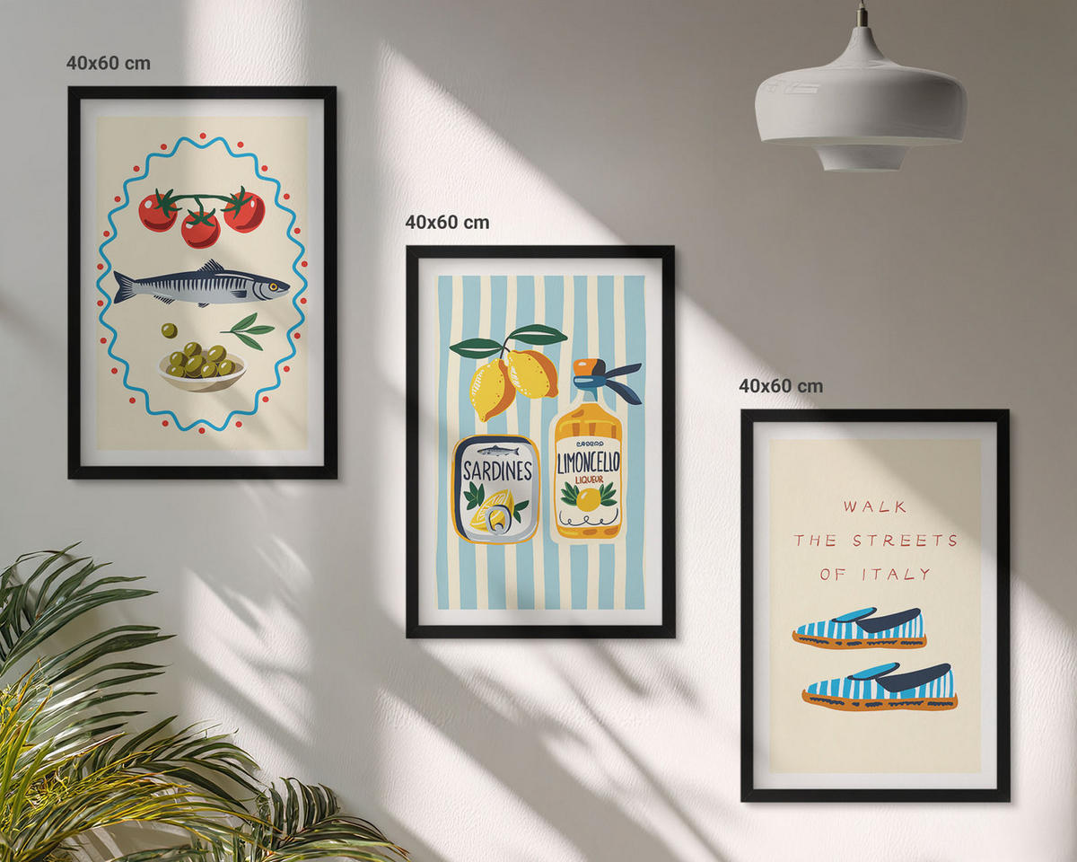 WANDBILDER 3er-Set - 40x60 cm Schwarzer Rahmen - Italienische Aromen und Lifestyle-Bilder - Schwarz, Kunststoff (40/60cm) - ArtPrintCave