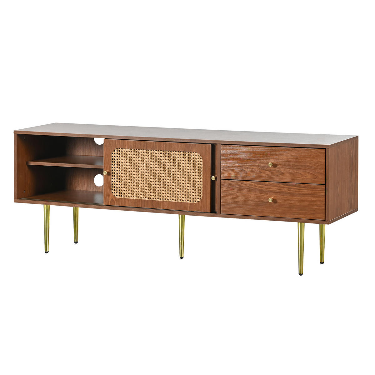 TV-ELEMENT 160/40/60 cm Nussbaumoptik mit Rattan-Schiebetüren und Schubladen - Nussbaumfarben, Holzwerkstoff (40/60/160cm) - Korfee