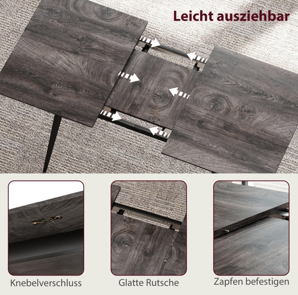 ESSTISCH aus Holz 120-160x75x77 cm Grau ausziehbar mit Stahlgestell und Erweiterungsplatte - Grau, Holz (160/75/77cm) - Modfu