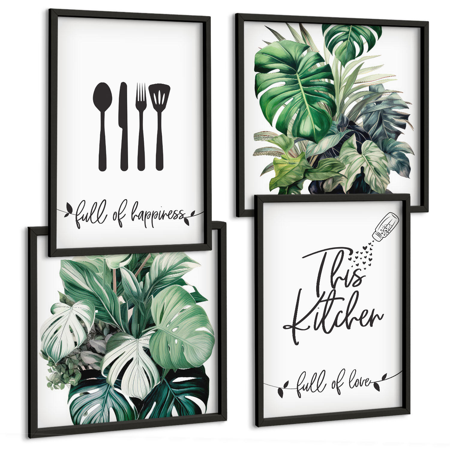 BILDER SET 4er Set - 50x50 cm & 40x60 cm Schwarzer Rahmen - Küchenutensilienmuster Blätter - Schwarz, Kunststoff (50/50cm) - TULUP