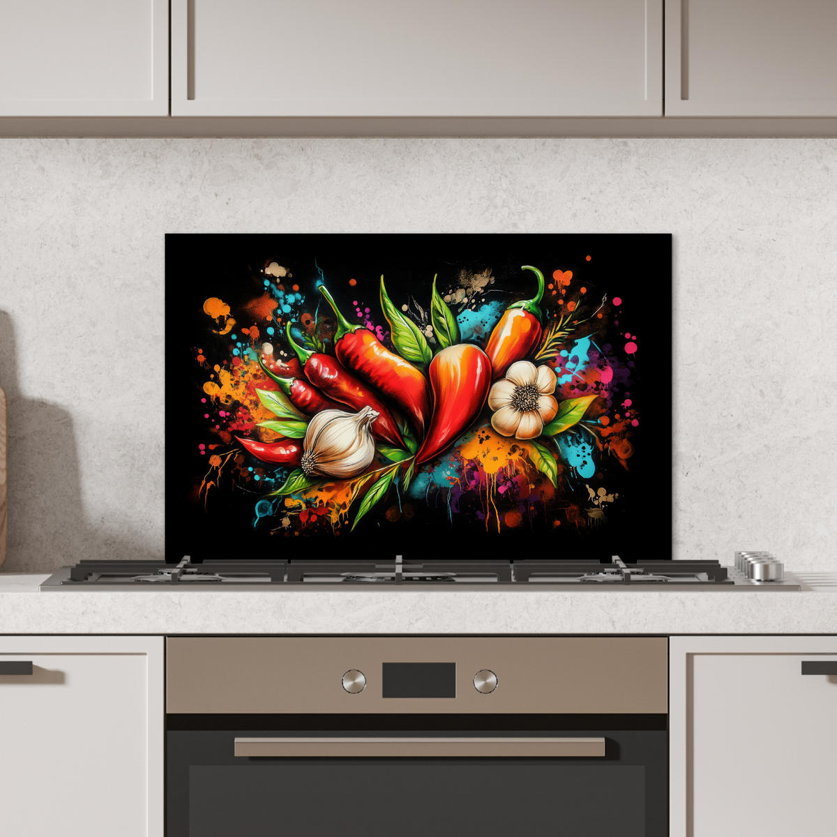 SPRITZSCHUTZ KÜCHE Gemüse - Paprika - Knoblauch - Graffiti - Farbe - Bunt 60x40 cm - Rot, Metall (60/0.3/40cm) - MuchoWow