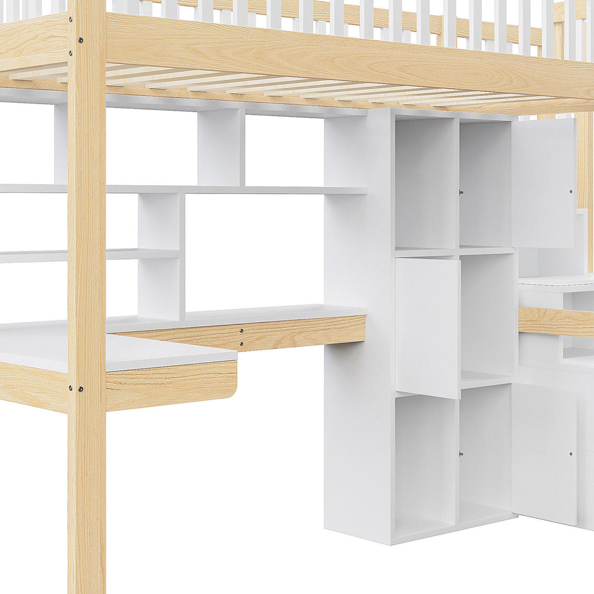 HOCHBETT 90x200cm Weiß + Natur LED-Licht Ablageleiter Schreibtisch - Multicolor, Holz (90/200cm) - FLIEKS