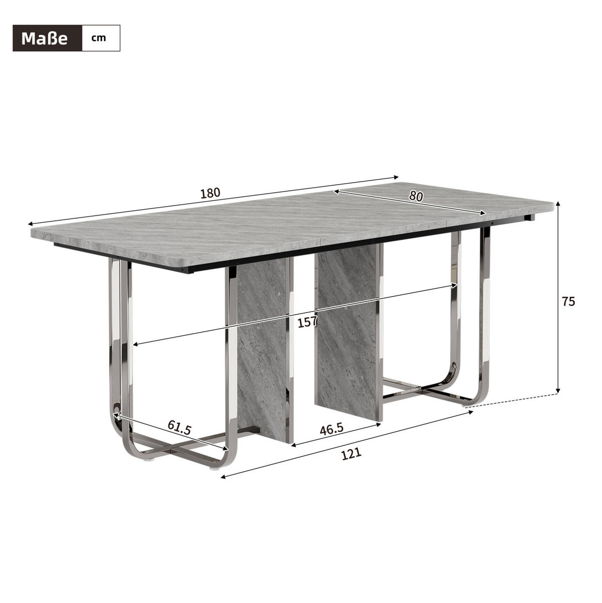 ESSTISCH aus MDF und Metall 180x80x75 cm Grau mit stabilen Metallbeinen und pflegeleichter Tischplatte - Grau, Holzwerkstoff (180/80/75cm) - Modfu