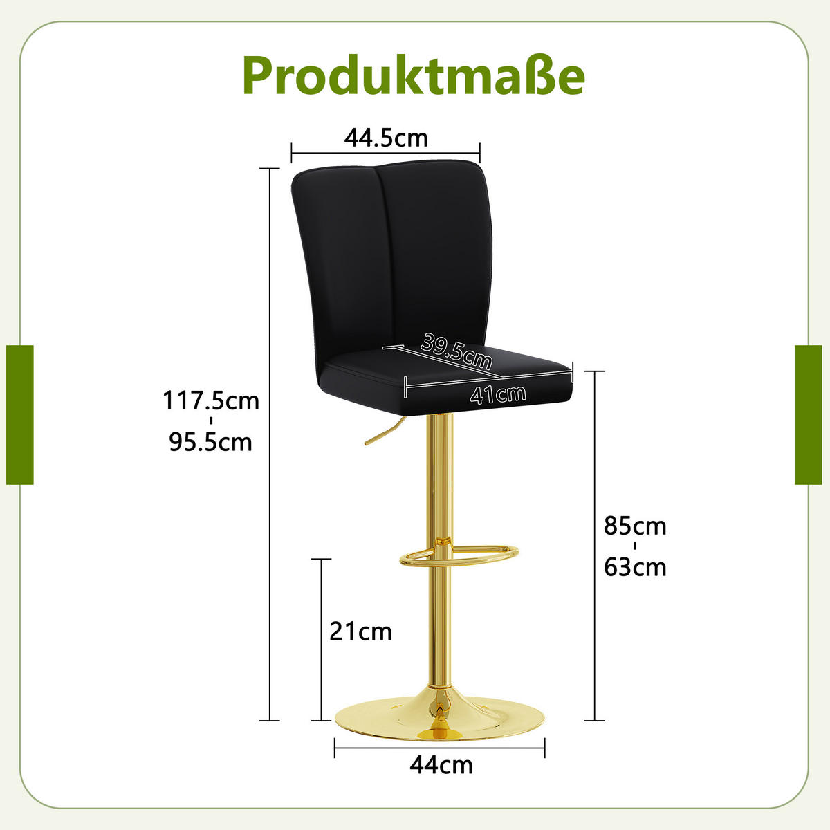 BARHOCKER 2er-Set Schwarz-Gold höhenverstellbar & 360° drehbar mit PU-Leder - Schwarz, Metall (44.5/95.5/44cm) - PANGIVO