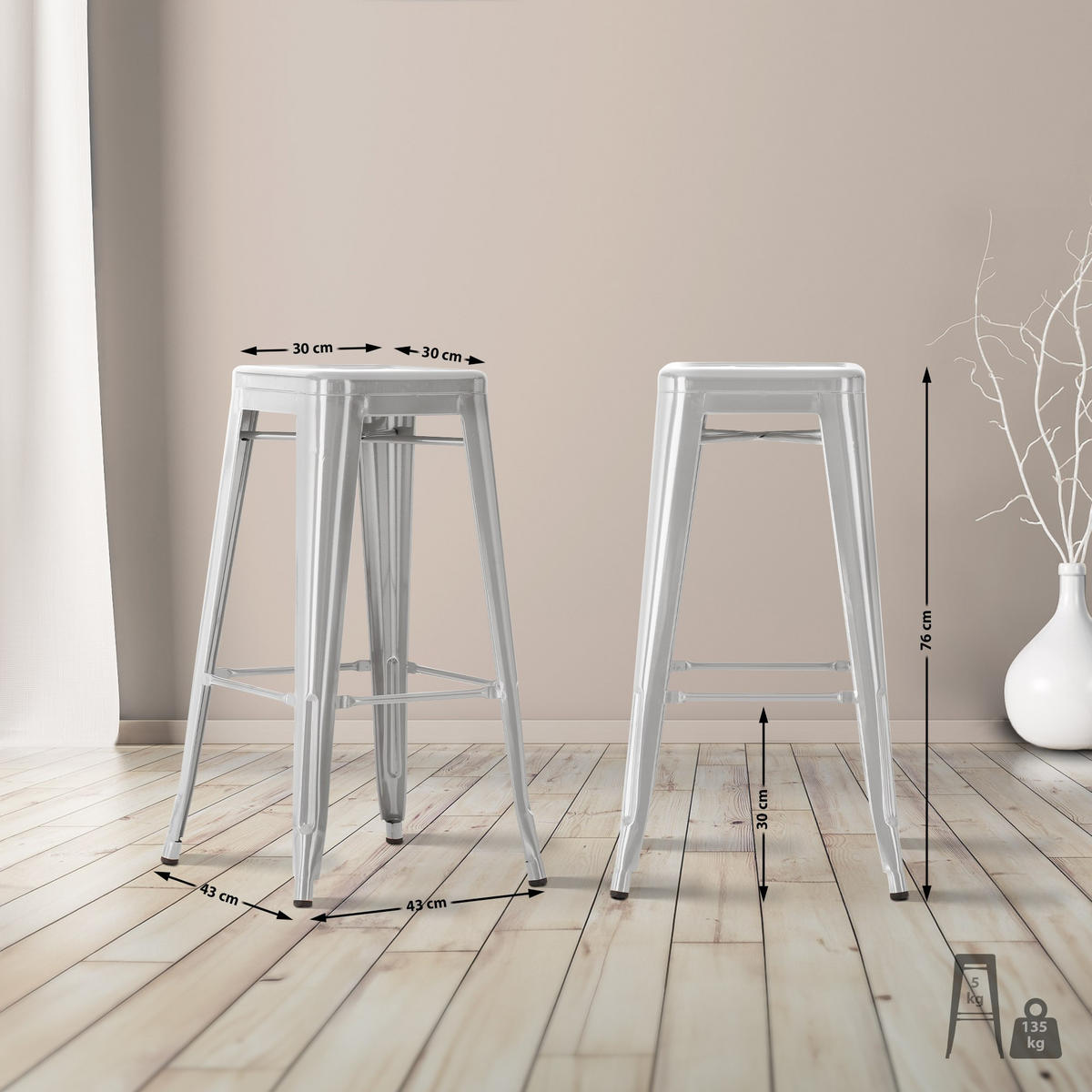 BARHOCKER Metall silber - Eukalyptusholzfarben/Silberfarben, Metall (43/76/43cm) - CLP
