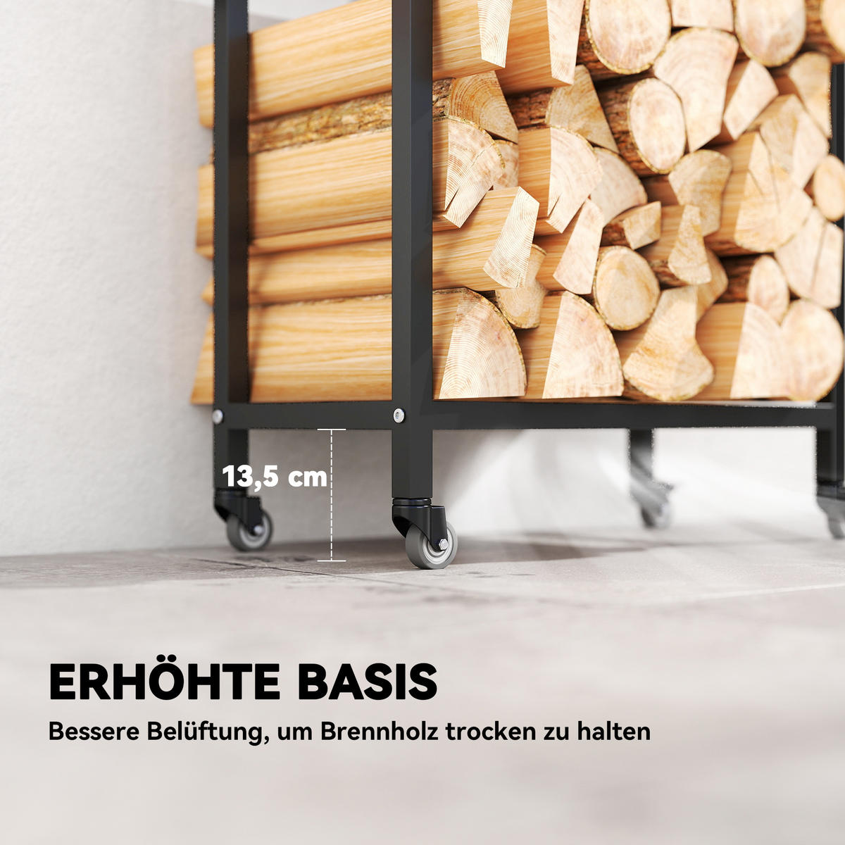 KAMINHOLZREGAL für innen Stahl 60 x 30 x 119cm 2 Ebenen Brennholzregal mit Rolle - Schwarz, Metall (30/119/60cm) - Outsunny
