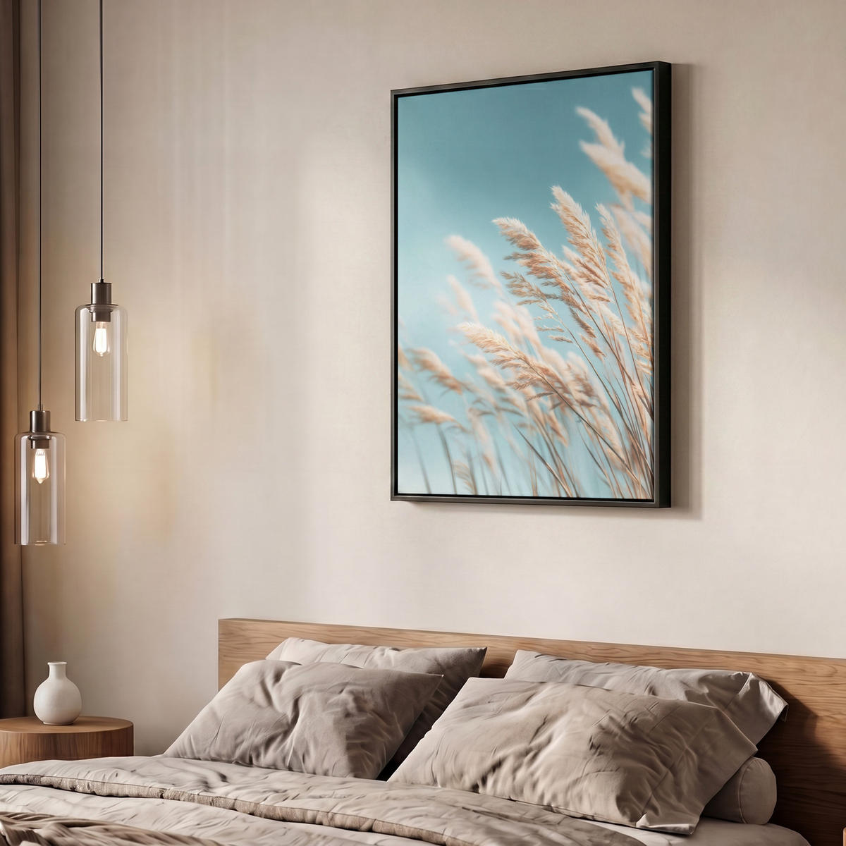 LEINWAND Bilder mit Rahmen - Ziergras - Wind - Hellbraun - 50x70 - Hellblau, Textil (50/70cm) - MuchoWow