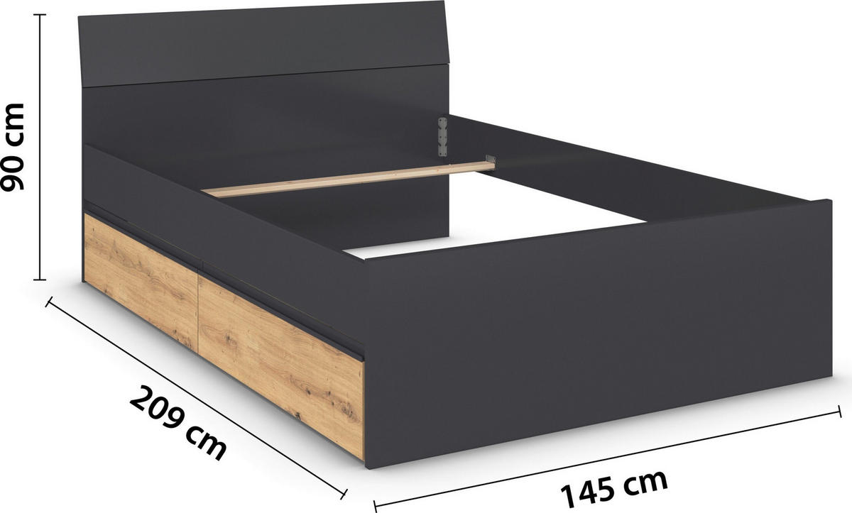 JUGENDZIMMER Joel in Grau Metallic und Artisan Eiche 4 teilig – mit 4trg Kleiderschrank, 140er Bett, Nachttisch und Kommode - Grau, Holzwerkstoff (80/200/120cm)