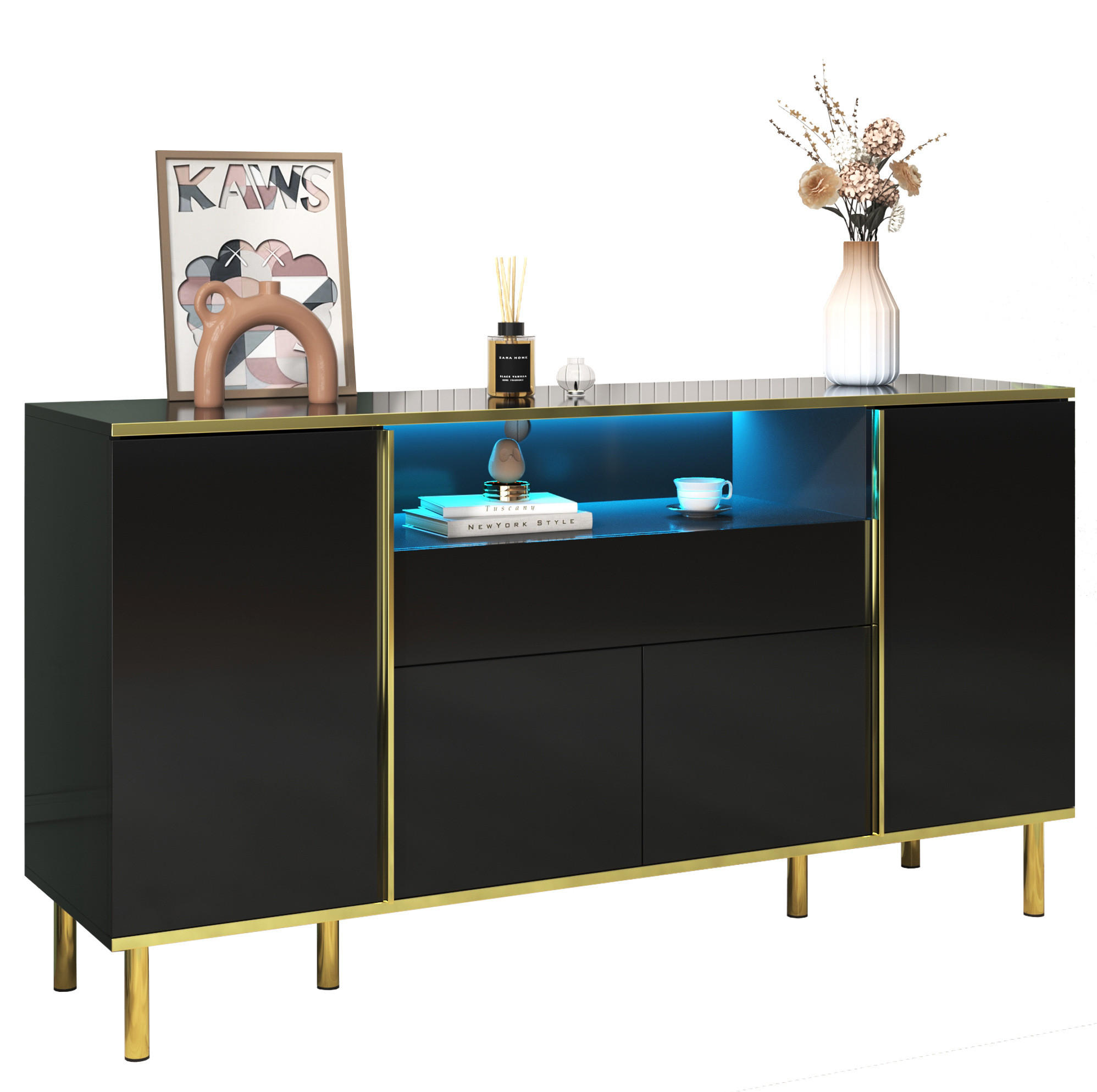 KOMODA, 150/40/80 cm, MDF a dřevotříska černá ve vysokém lesku, s LED a 4 dvířky - černá, kompozitní dřevo (150/80/40cm) - BEAOK