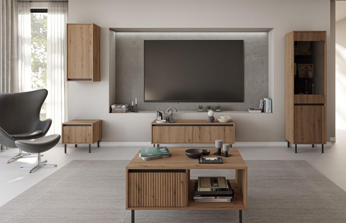 TV stolík Osaka drevodekor dub Evoke 140/50/40 cm - čierna/farba duba, kov/kompozitné drevo (140.2/50/40cm) - Selsey