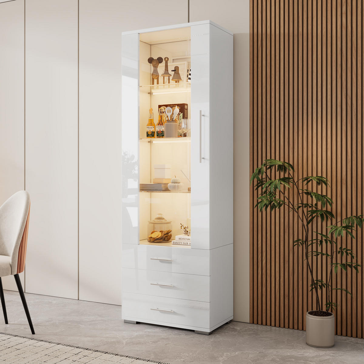 VITRINE in Weiß Standvitrine mit LED-Beleuchtung und 3 Schubladen für Wohnzimmer, B60/T35/H180cm - Transparent/Weiß, Glas/Holzwerkstoff (60/180/35cm) - STILVORA
