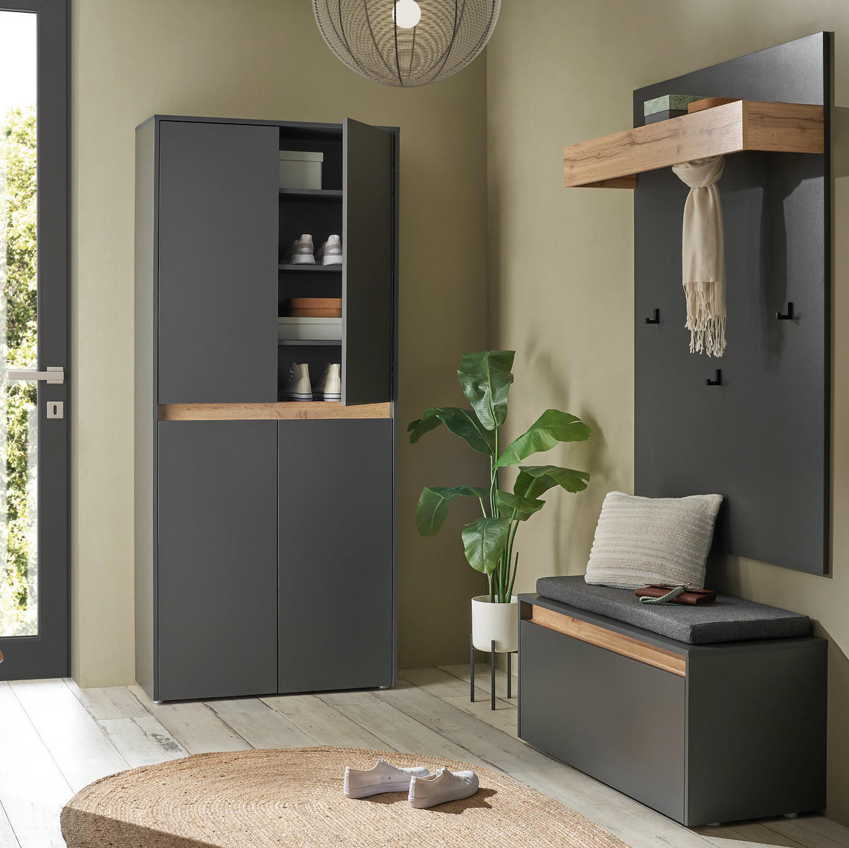 GARDEROBEN-SET grau matt, Eiche Wotan 195 cm 4-teilig, Garderobenkombination mit viel Stauraum - Eiche Wotan/Schwarz, Holzwerkstoff/Kunststoff (195/200/40cm) - Furn.Design