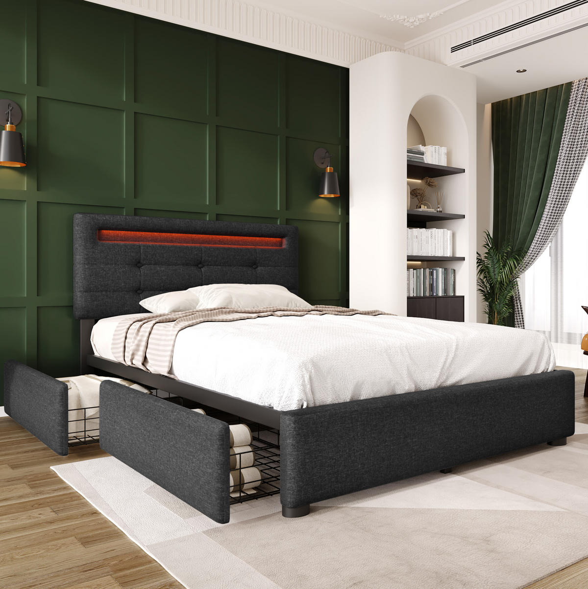 BETT mit LED-Beleuchtung 90x200 cm Leinen Grau mit 2 Schubladen - Grau, Metall (90/200cm) - Meubliv