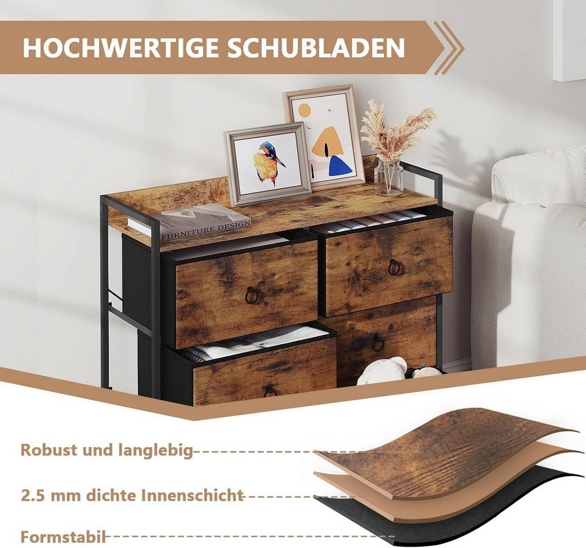KOMMODE mit 6 Schubladen, Industrial Stil, Vintagebraun - Dunkelbraun/Schwarz, Holzwerkstoff/Kunststoff (80/78/29cm) - Woltu