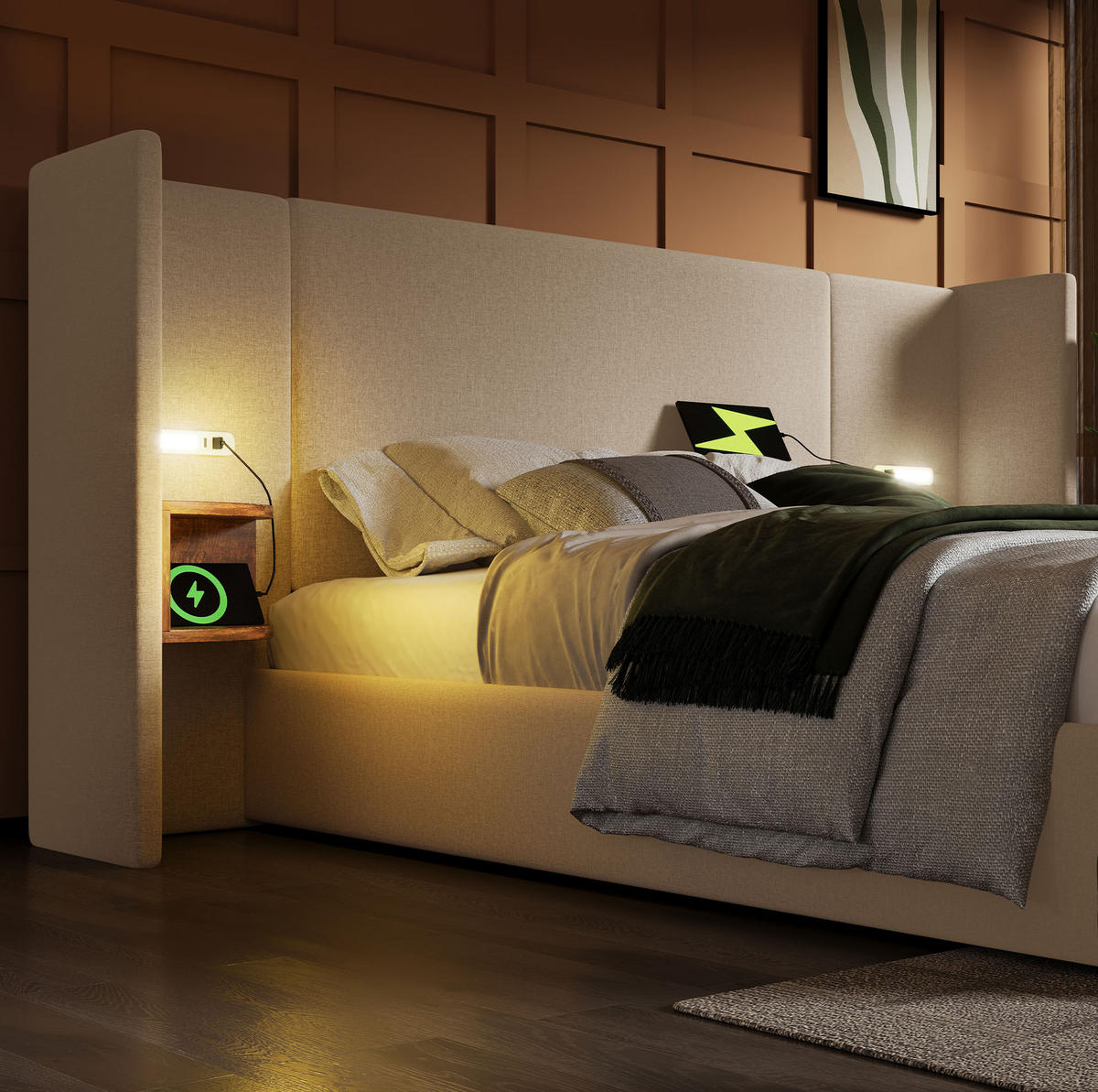 TAPECIRANI krevet 160/200 cm bež od lana s prostorom za odlaganje, lampom i USB Type-C priključcima - bež, tekstil (160/200cm) - OKWISH