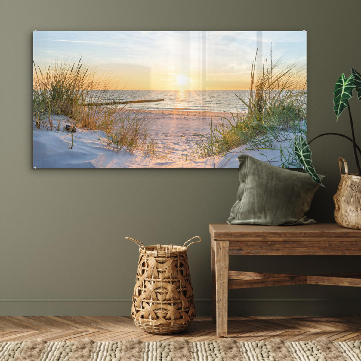 OBRAZ NA AKRYLOVOM SKLE Pláž - Slnko - Duny - Tráva - Piesok - Horizont 120x60 cm - svetlomodrá, sklo (120/60cm) - MuchoWow