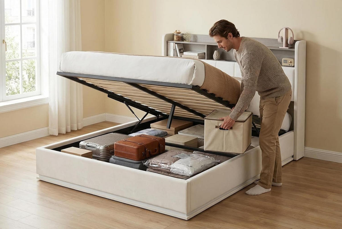 DOPPELBETT 160x200 Weiß Samt Stauraum LED Streifen - Weiß, Metall (160/200cm) - SHOPENTRA