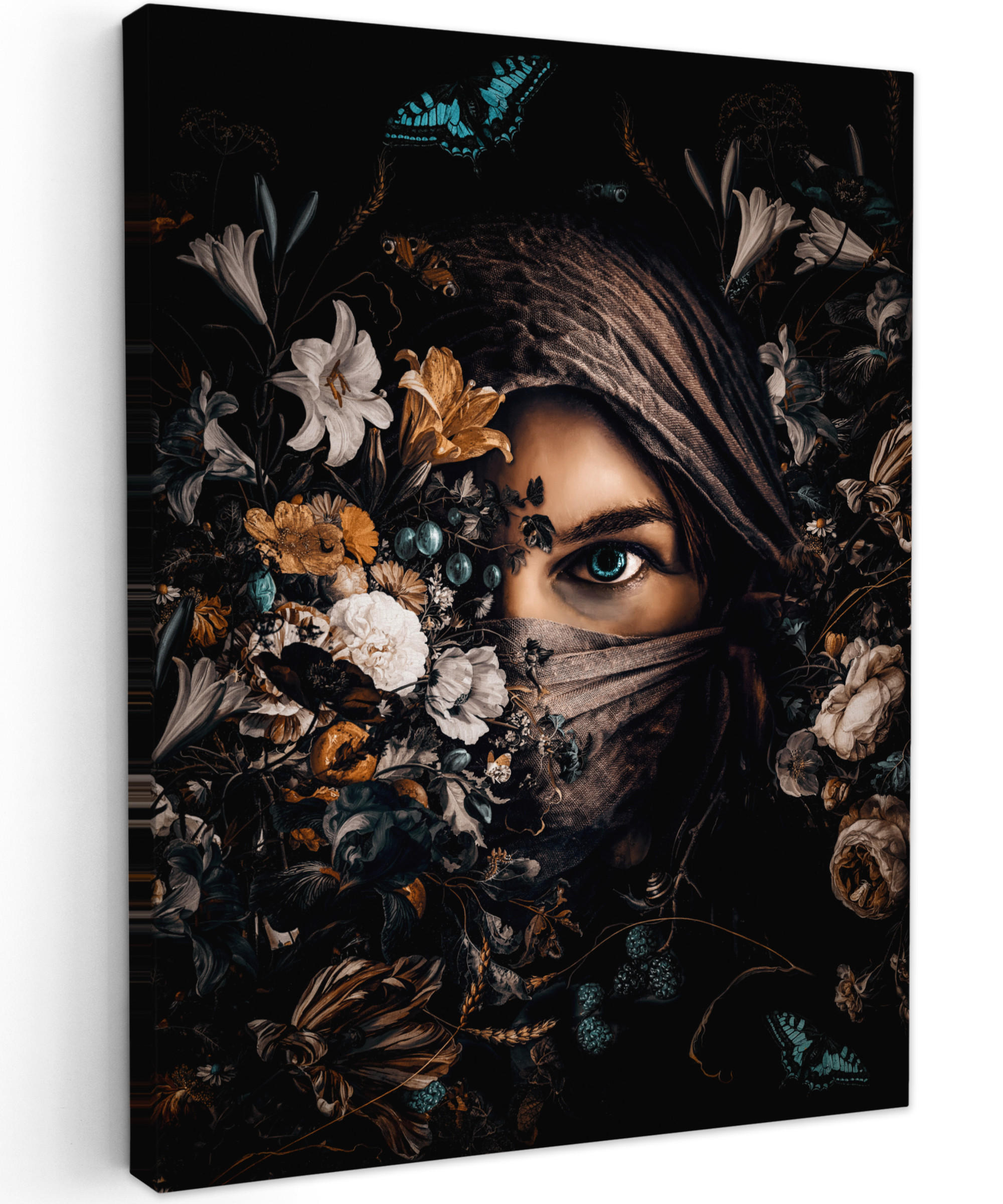 LEINWANDBILD Frau - Luxus - Blumen - Schmetterling - Porträt 60x80 cm - Schwarz, Textil (60/80cm) - MuchoWow