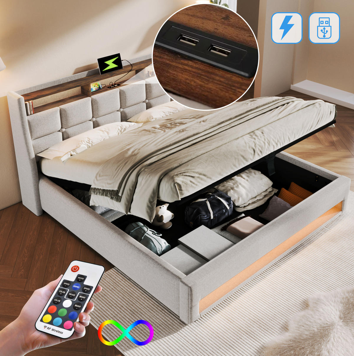 POLSTERBETT 160/200 cm Beige aus Leinen mit LED, USB und Bettkasten - Beige, Textil (160/200cm) - OKMYHOME